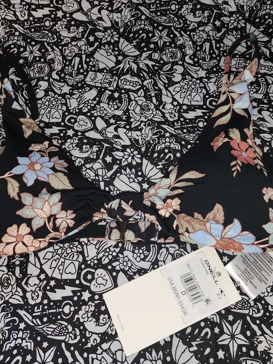 O'Neill Other - O'Neill Black Floral Triangle Bikini Top with Pastel Blue and Peach Blooms